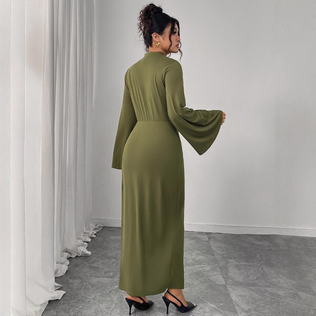 Round-neck High-waisted Dress Solid Color Flared Sleeves Hip-hugging Slit Dress Slimming Pleated Long Dress