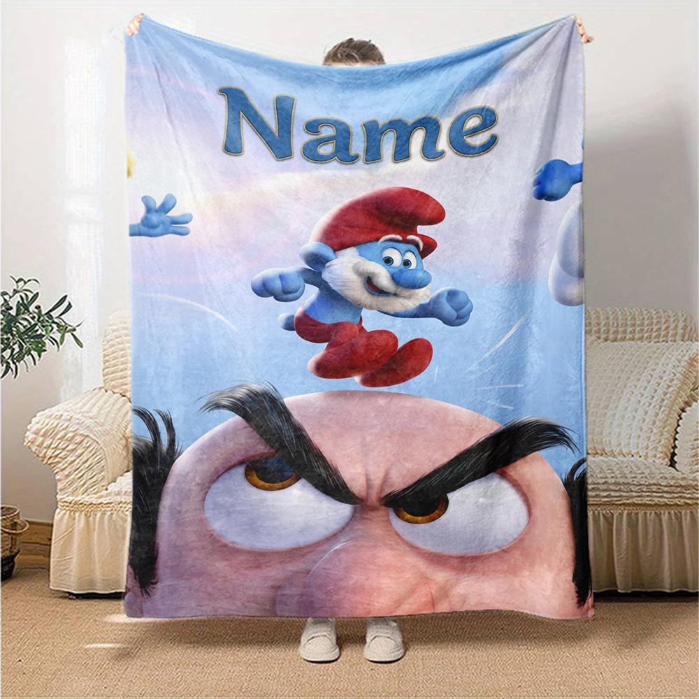Custom Name Smurfs Theme Printed Blanket Perfect For Couch Bed Travel Outdoor Use Machine Washable Cozy Durable