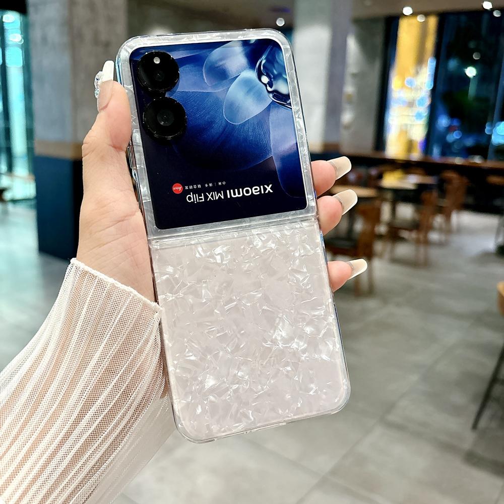 KEYSION Luxury Diamond Glossy Shell Pattern Case for Xiaomi Mix Flip Hard PC Women's Shockproof Phone Cover for Xiaomi Mix Flip