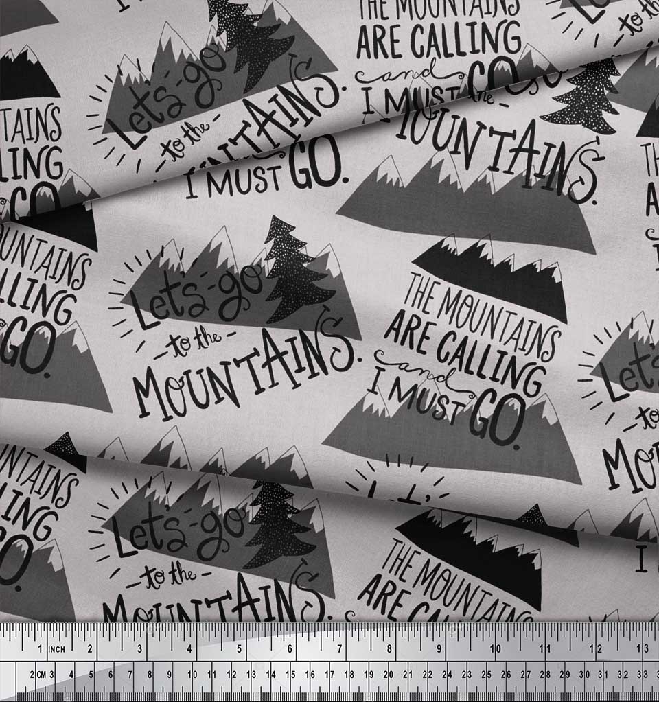Soimoi Gray Japan Crepe Satin Fabric Mountains & Text Printed Fabric 1 Metre 42 Inch