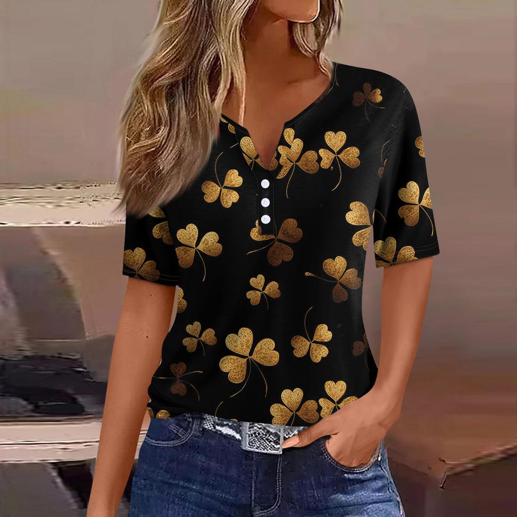 Women's T Shirt Tee Print Button Short Sleeve Daily Weekend Fashion Basic V- Neck Regular Top  St. Patrick's Day