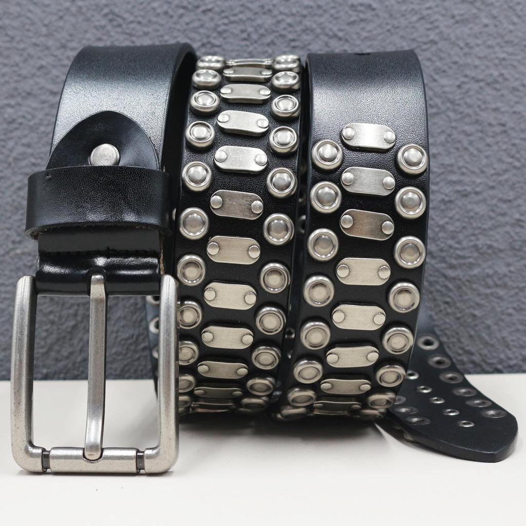 Cintura in Vera Pelle di Mucca Robusta con Borchie Punk - Fascia Vita Stile Streetwear Americano