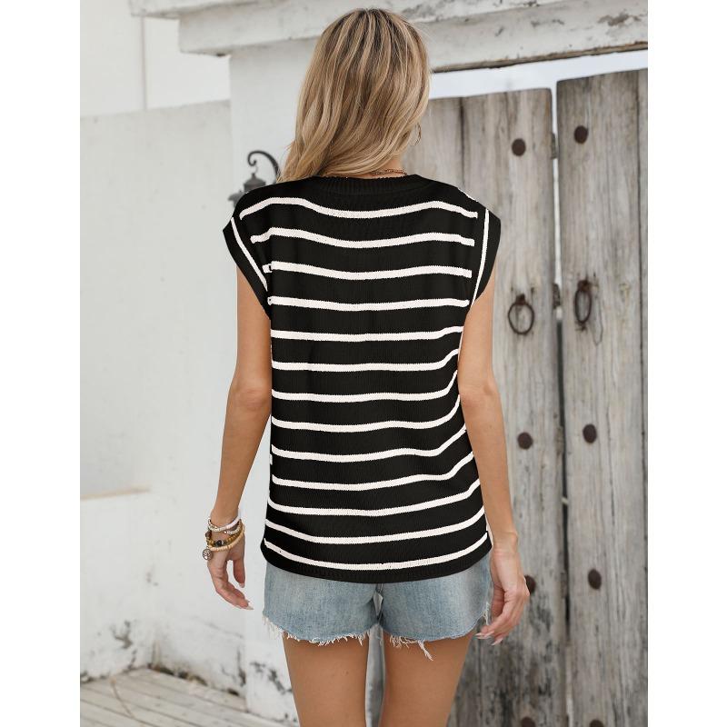 Podzim/zima Dámský pulovr s kulatým výstřihem Pletený Volný Pruhovaný Svetr s krátkým rukávem