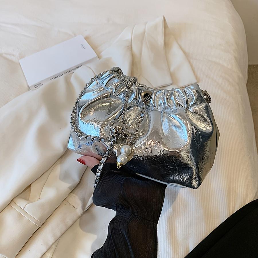 Women's Metallic PU Leather Shoulder Bag Fashionable Chain Strap Bucket Crossbody Purse Elegant Design Women's Evening Dress Bridal Wedding Handbag