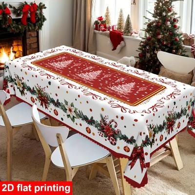 Partiler İçin Mutlu Yıllar Temalı, Kabartmalı Kenarlı Masa Örtüsü, Buffalo Kare Fiyonk, Poinsettia Çiçekleri, Noel Ağaçları ile Süslemeli