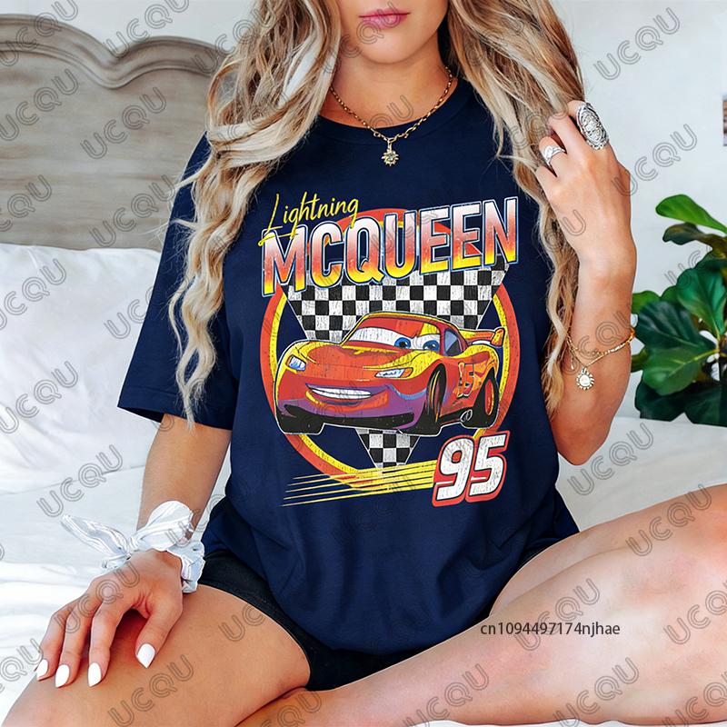 

Retro Lightning Mcqueen Cars 95 Print Cotton Tshirt For Women Summer Short Sleeve Oneck Tees Casual Streetwear Couples Tops 4XL