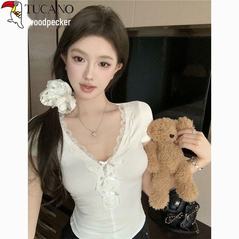 Women s V-Neck Bowknot Lace Splicing Slim Fit T-Shirt L