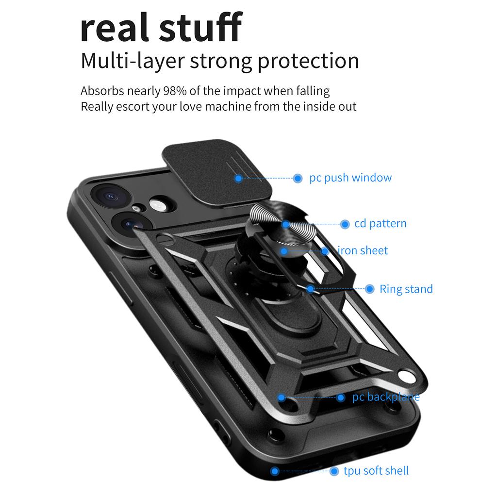 For iPhone 17 Case with Slide Camera Lid PC+TPU Kickstand Phone Cover