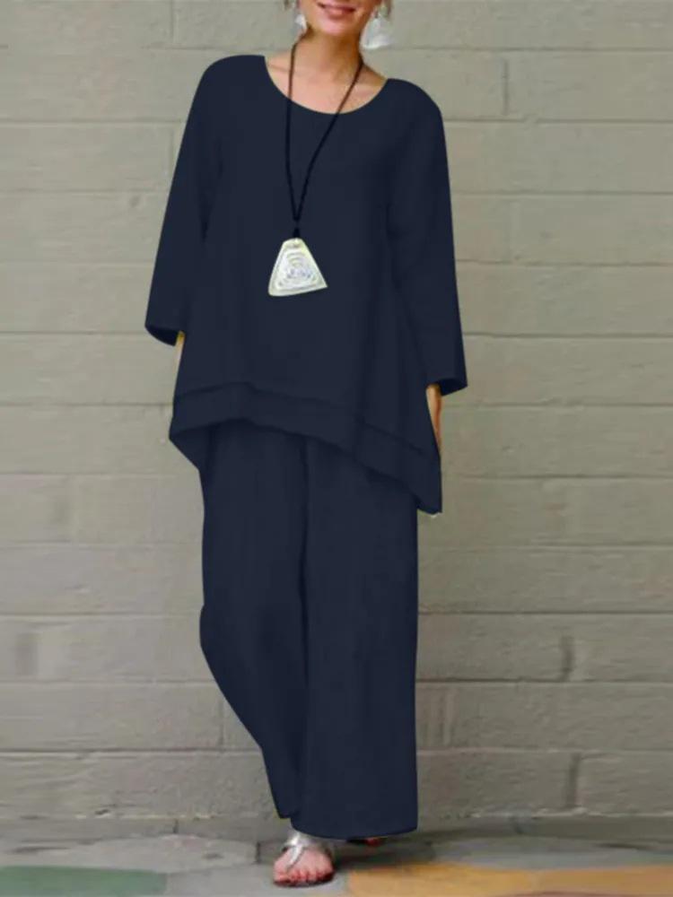 2023 Chinese Style Plus Size Women's Retro Pants Set: Solid Color Cotton Linen Casual Long Sleeve Loose Fit