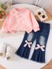 Girls' INS Style Pink Bow Sweatshirt & Denim Flared Pants Set