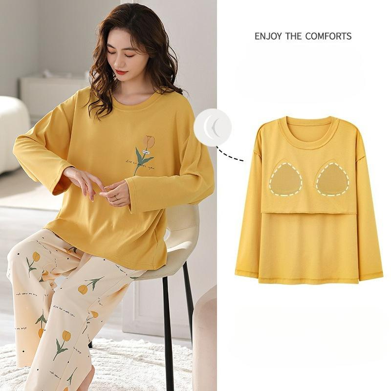 Pajamas with Chest Pads, Women's Spring and Autumn Long-sleeved Cotton Round Neck, Loose, Comfortable and Casual, Can Be Worn Outside Home Service