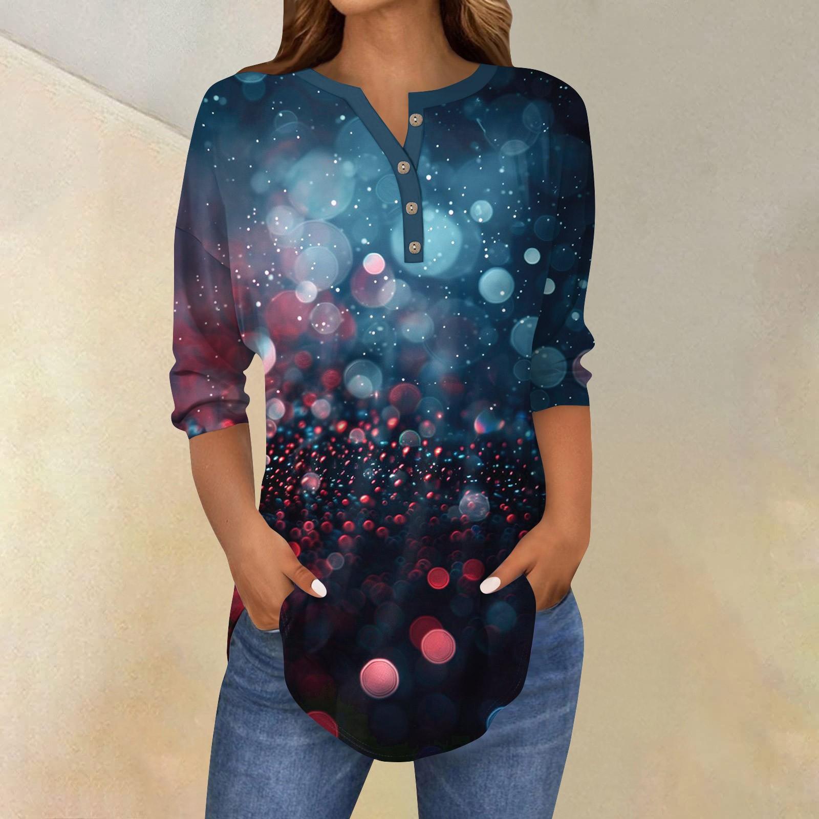 

Женский повседневный топ с рукавами 3/4 и принтом пайеток на пуговицах XXL синий