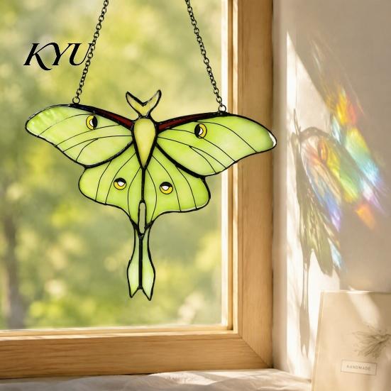 Green Insect Window Hanging Stained Glass Style Hanging, Acrylic Moth Suncatcher, Decorative Pendant with Transparent Art Metal Chain, Ornament