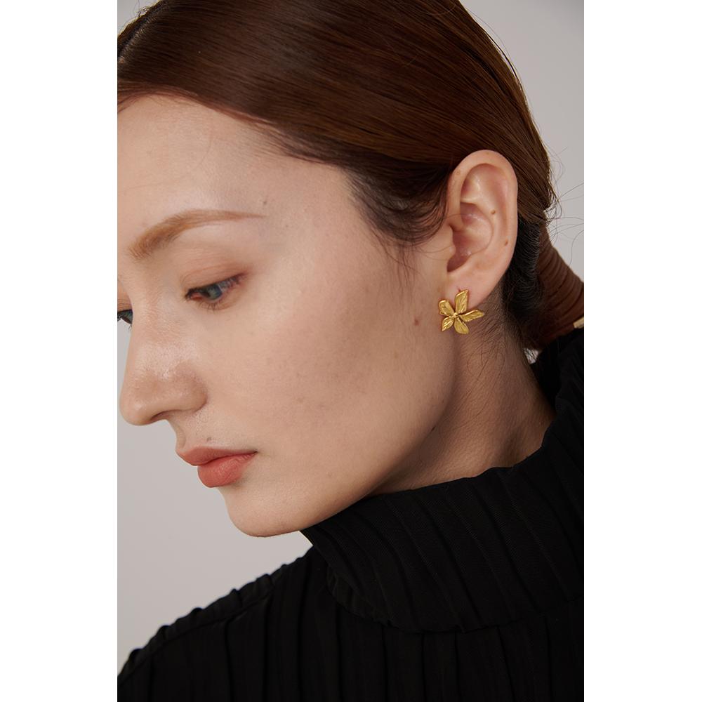Yhpup Golden Flower Stud Earrings Stainless Steel Metal Jewelry Simple Texture New Floral Modern Women Gift Fashion Waterproof