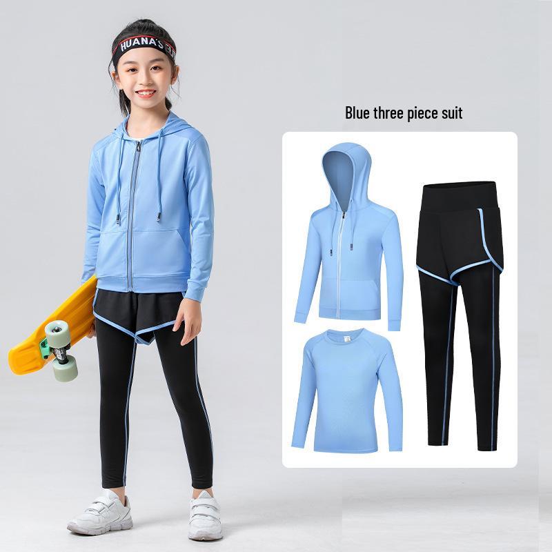 Kids' Quick-Dry Long Sleeve Hooded Yoga Set for Girls - Medium & Large Sizes, Autumn/Winter