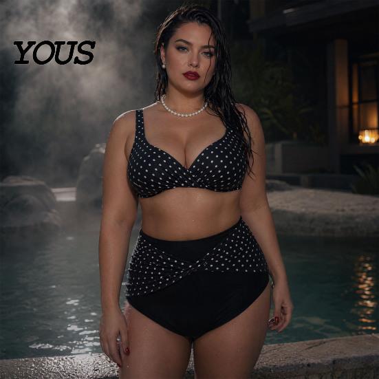 Plus Size Women Swimwear 2Pcs/Set Bikini Set, Cross-Chest V-Neck Bra with Built-In Support, Hong Kong Style High-Waisted Twist Swim Bottoms, Retro Dot