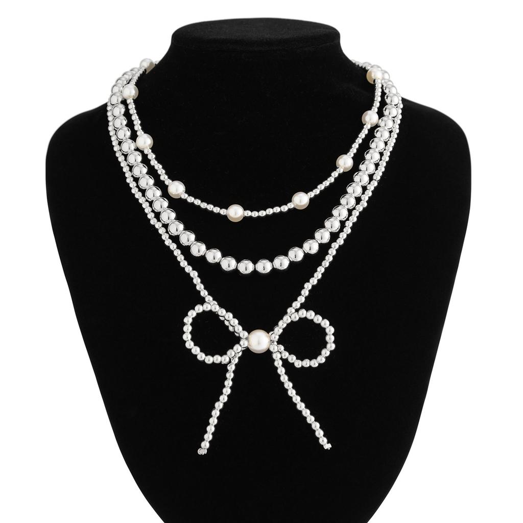 Bohemian Bow Pendant Necklace Vintage Faux Pearl Beaded Collarbone Chain