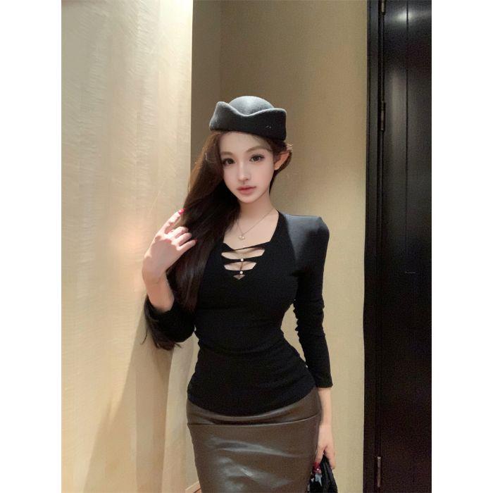 

Trendy Women s Sexy V-Neck Long-Sleeve Hollow Slim Fit Waist-Cinching Base Layer Top Extra Large чёрный