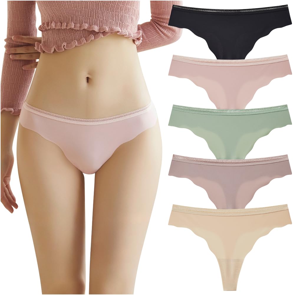 TUOTISI Cute Ideal for Pack of 5 Women's Low-Rise T-Back Panties, Underwear, Lingerie, Cool, Seamless, Butt-Shaping, Non-Slip, Quick-Drying,