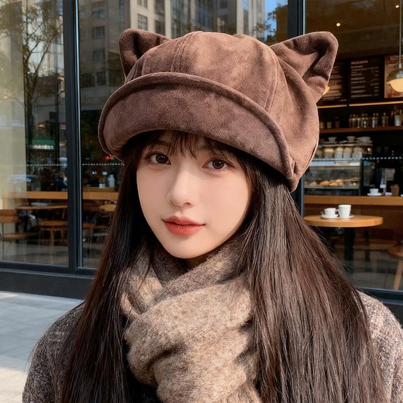Autumn and Winter Suede Cat Ear Beret Women's Retro Face Showing Small Octagonal Hat Casual Versatile Trendy Painter Hat