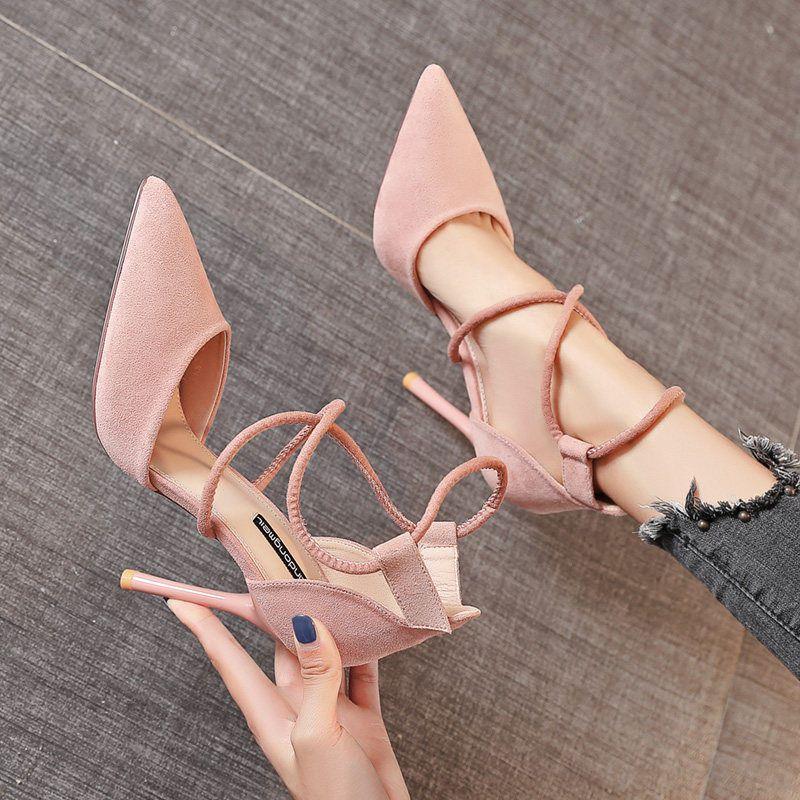 Spring and Autumn women's shoes new 2025 suede cross-strap Korean version high heels stiletto cat heel pointed women's shoes summer single shoes