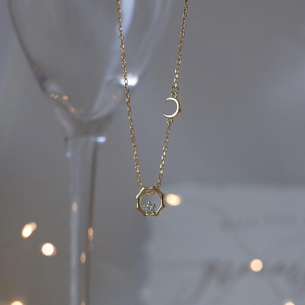 Moon & Star 14K Gold Plated S925 Silver Pendant Necklace 14K Gold
