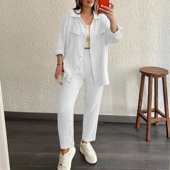 Summer 2 Piece Outfit for Women Oversized Button Down Long Sleeve Shirt And Cropped Pants Set Casual Loungewear Tracksuit