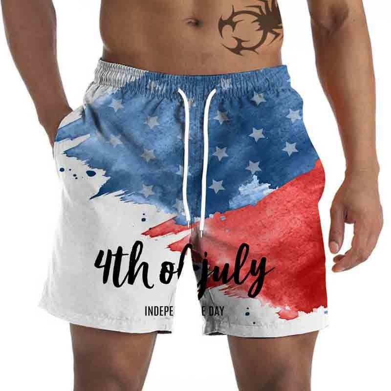 Summer Men's 3D Independence Day Printed Shorts Loose Straight Leg Cropped Beach Shorts