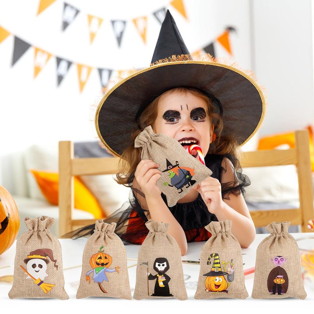 6 Pcs Halloween Brulap Candy Bags,4 X 6 Inch Small Gift Bags Goodie Bags With Drawstring Halloween Party Bag Candy Bag,Halloween Decoration