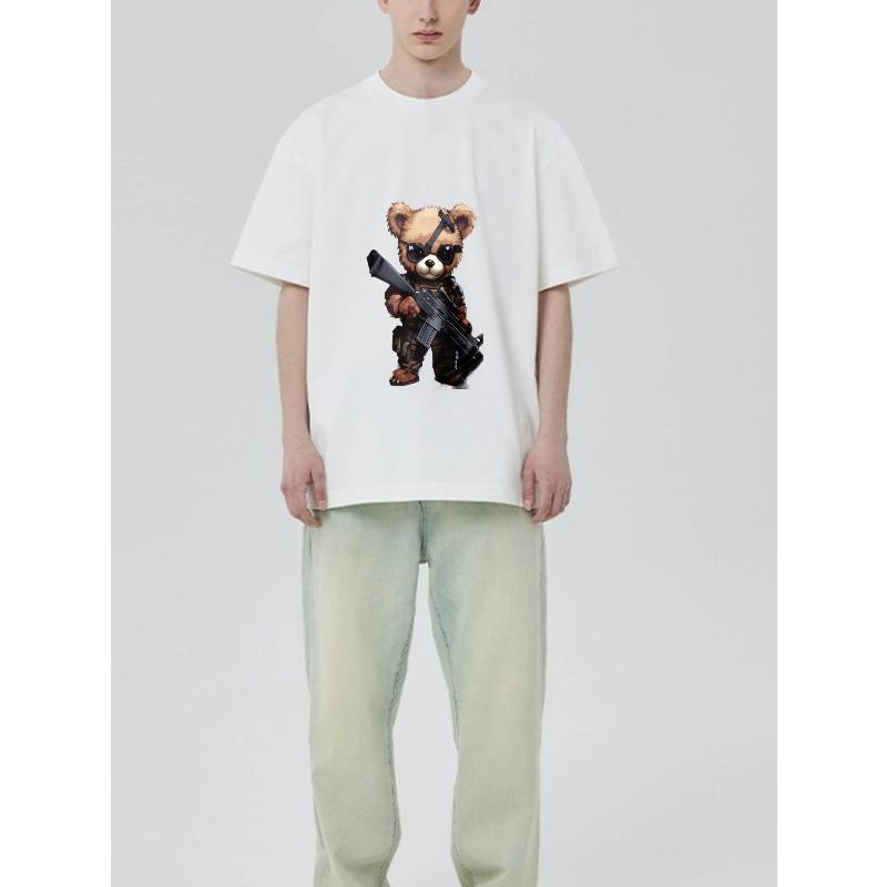 Cute Bear Soldier Graphic T-Shirt Black Animal Warrior Print for Casual Wear and Gaming Fans