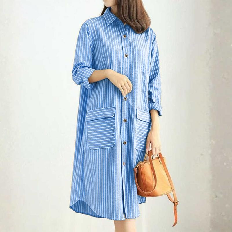 ZANZEA Dámské ležérní pruhované šaty košilového střihu s dlouhým rukávem a límcem
