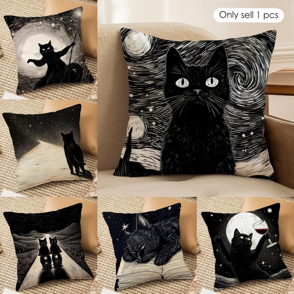 Black Cat Night Cool Cushion Cover Silky Short Plush Invisible Zipper Dustproof Sofa Pillow Case For Home Decor