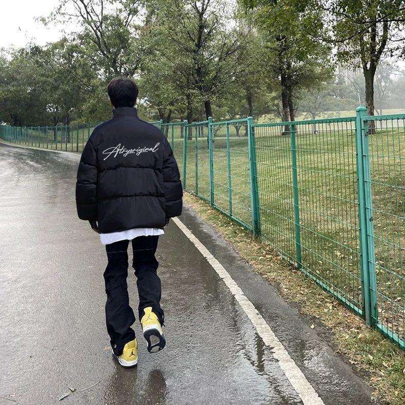 Unisex American Print Cotton Puffer Jacket, Black Stand Collar, Winter-Ready, Thick, Casual Coat