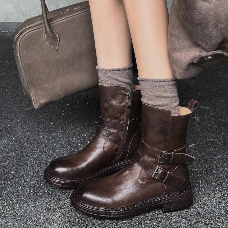 Podzimní a zimní kožené kozačky Martin na středním podpatku s rukávem dámské kulatá špička čtvercový podpatek univerzální velká velikost dámské kozačky hovězí kůže dámské nízké kozačky