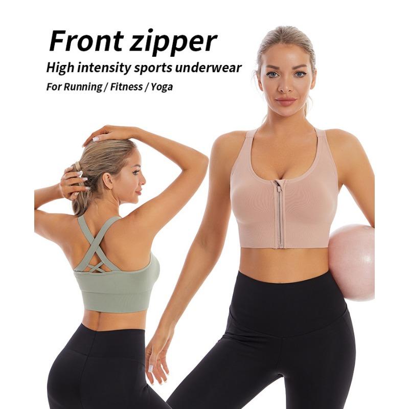 Women Front Zipper Shockproof Sports Bra Plus Size Push Up Seamless Backless Gym Wear