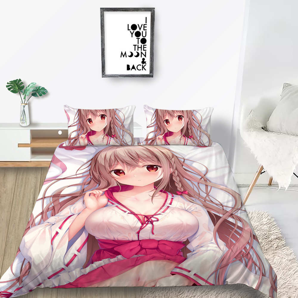 3D Animation Bishōjo Bedding Set, Curtilage Male Room Duvet Cover 2/3 Pieces, Anime Beautiful Woman DE135 * 200 Full Size Soft Home Decoration