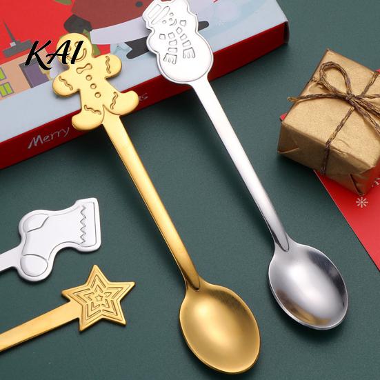 Festive Tableware for Christmas 4Pcs Dessert Spoons, Stainless Steel Coffee Spoons with Gingerbread Cute Bear Stirrers Man Star Stocking Snowman