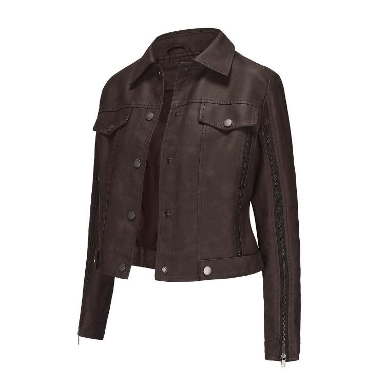 Women Leather Jacket Slim Fit Pu Zipper Outerwear Long Sleeve Lapel Collar for Fall Winter