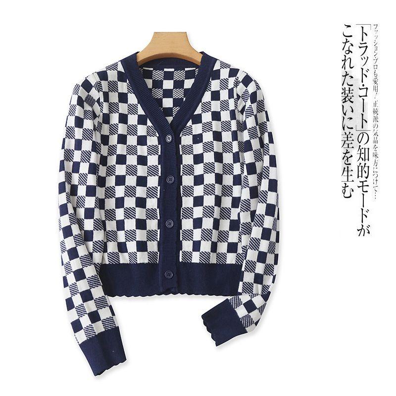 

Women s Fashion V-neck Single Breasted Chessboard Plaid Sweater Blue and White B- 6-31-4 S