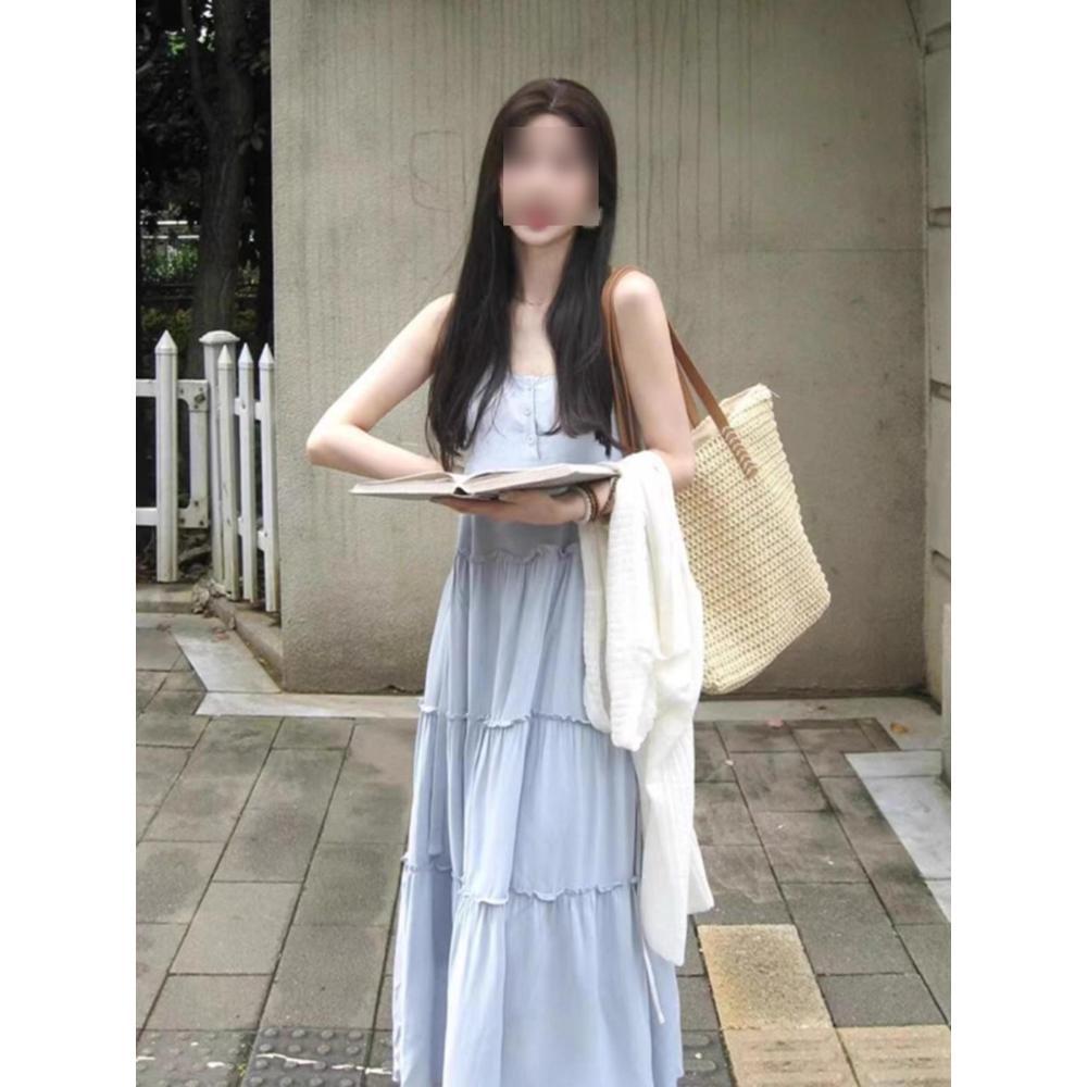 

Розовое платье на бретелях женское летнее повседневное новое юбка на талии маленькое нежное ветер А-силуэтная юбка длинное платье XL- (recommended 110-60kg) синий