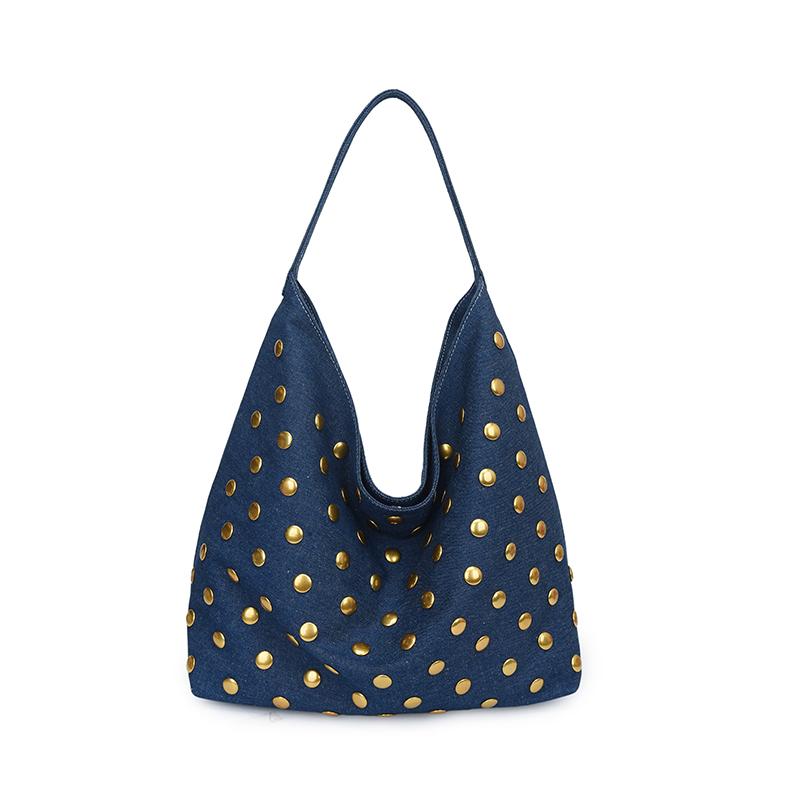 Studded Hobo Bag with Gold Rivets and Soft Leather-Like Material