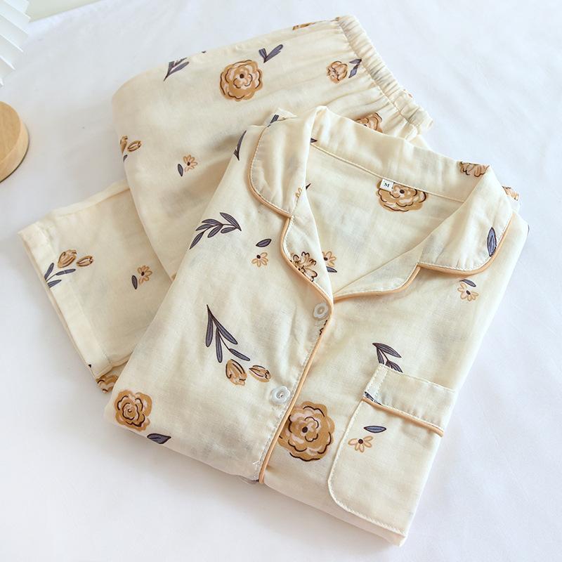 New Spring and Summer Pajamas Two-piece 100% Cotton Gauze Women's Short-sleeved Trousers Home Service Suit Cute and Thin