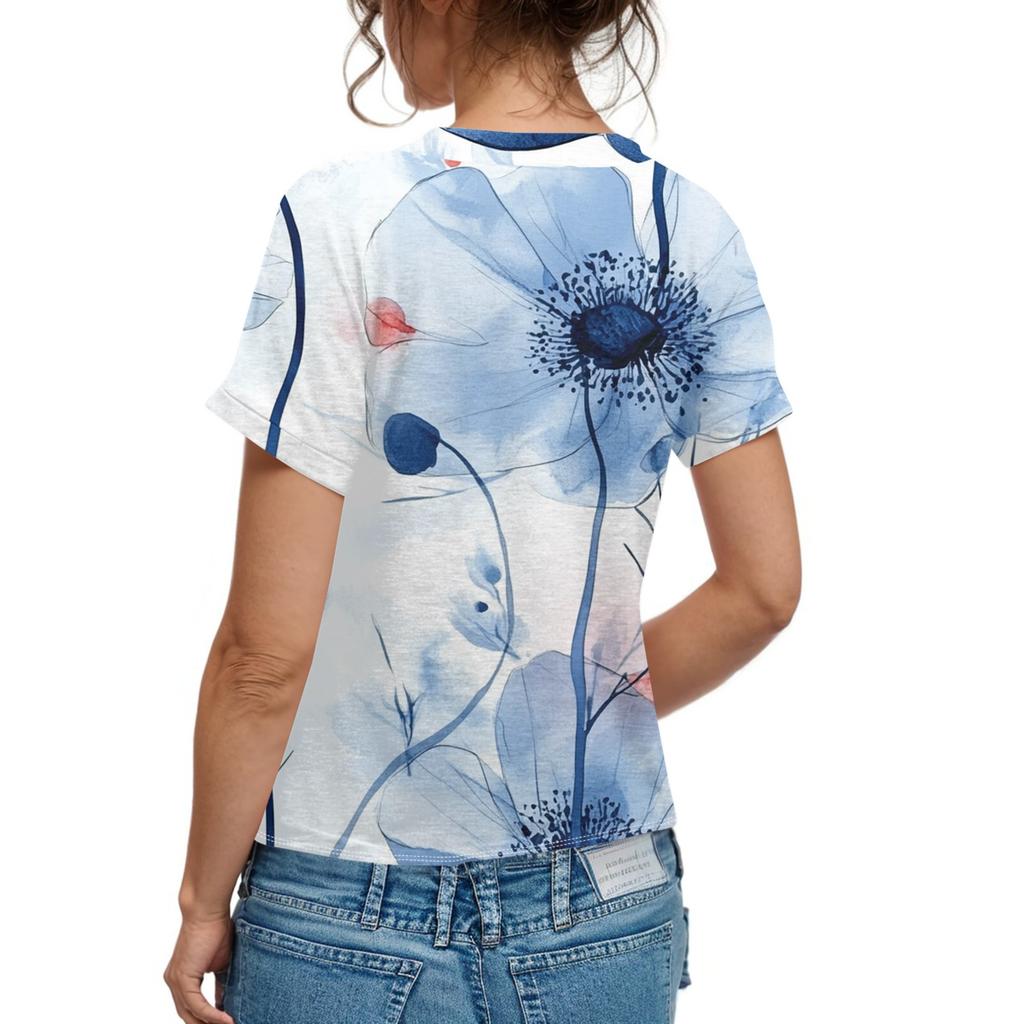 Women's Fashion Short-sleeved V-neck Flower Top Casual Button T-shirt Top
