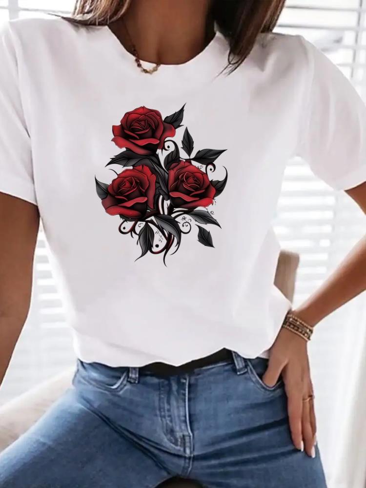 (Asian Size) Clothing T Shirt Woman Women Sweet Flower Floral  Fashion Tee Top Print Female Short Sleeve Graphic T-shirts