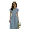 Olrain Blue French Style Waist-Slimming Dress for Women Summer Puff Sleeve Long Dress