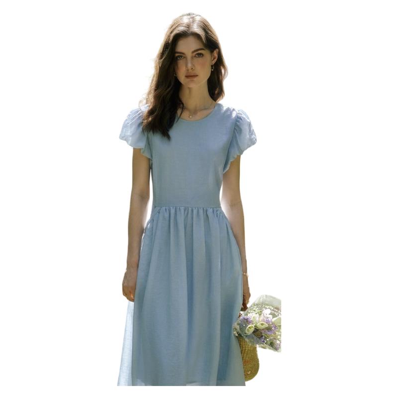 Olrain Blue French Style Waist-Slimming Dress for Women Summer Puff Sleeve Long Dress
