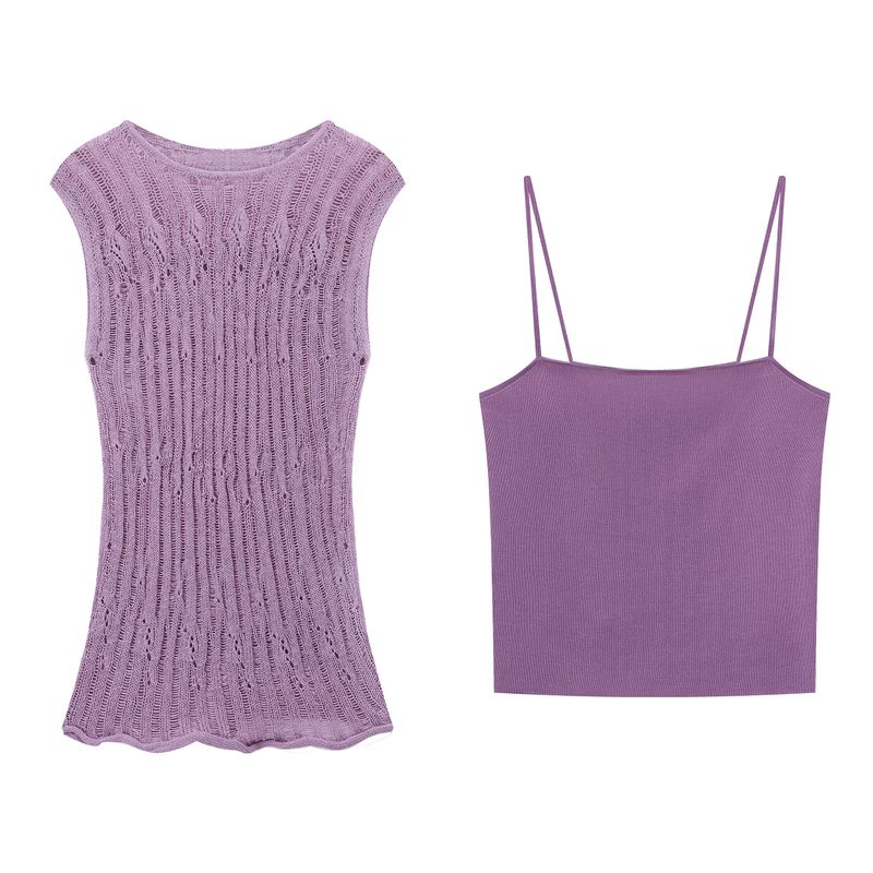 

Fashion Purple Suit Niche Style Cut Out Knitting Vest Inner Match Women s Summer Casual Pants Loose Pants Three-Piece Set Purple Tops with Sling L