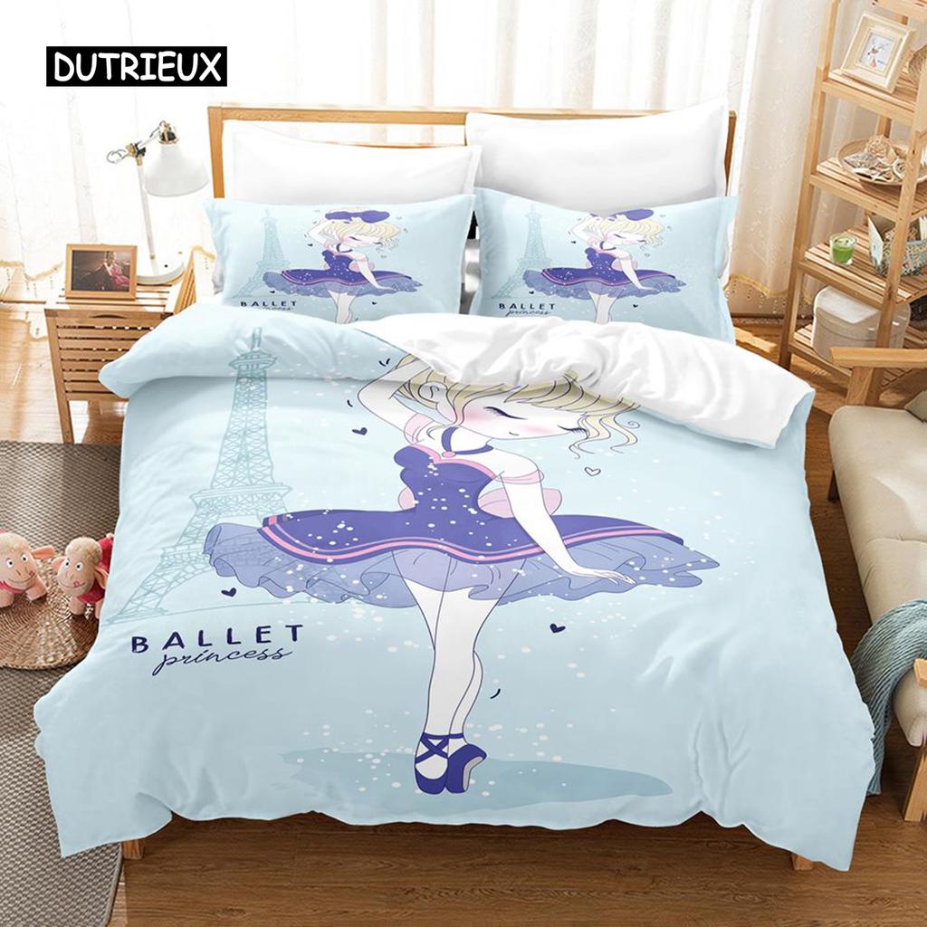 Ballet Girl Duvet Cover Set Purple Tutu Dancer Eiffel Tower Bedding Set for Kids Girls King Size Soft Polyester Comforter Cover