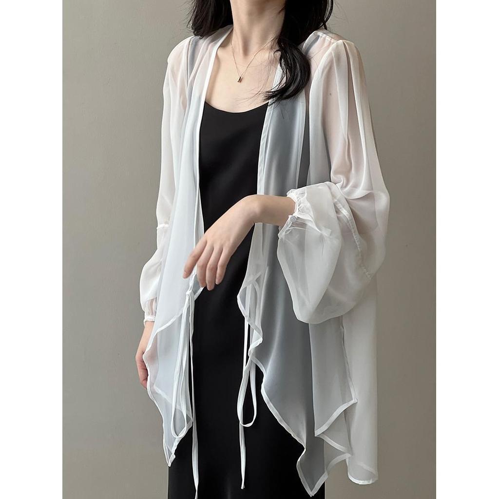 Camicie da Donna a Colore Unito Scollo a V Ampie Manica Lunga Maglia Aperta Stile Coreano Allacciatura Semplice Estive Chiffon Traspirante Minimalista Alla Moda