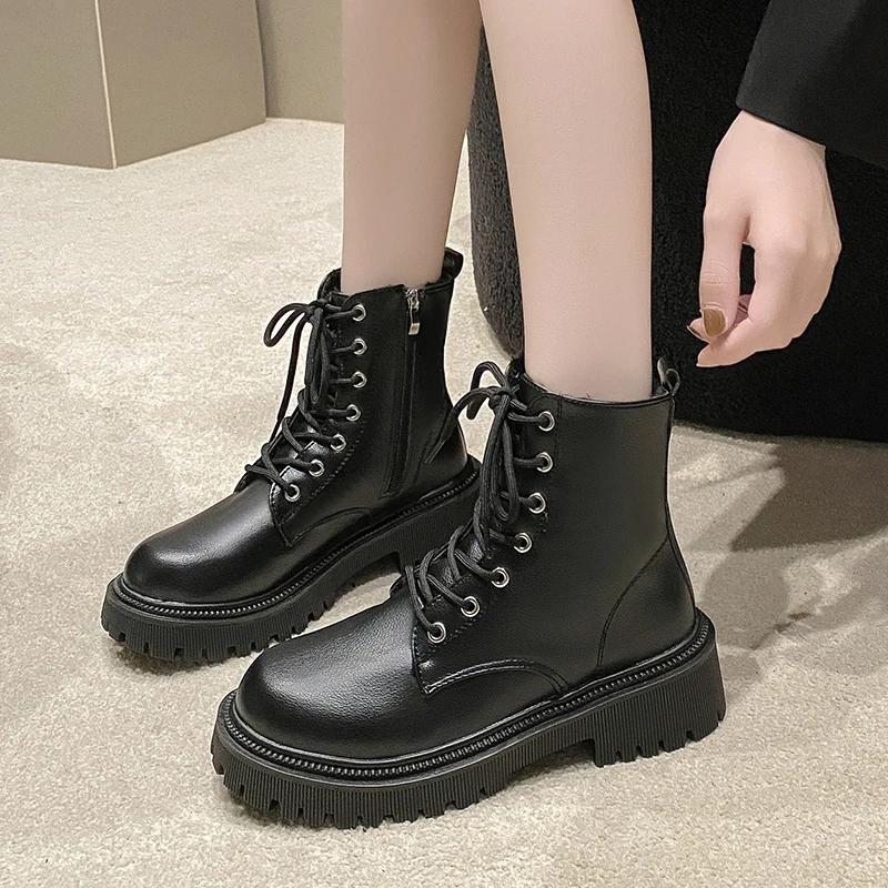 Women's Boots 2026 Autumn/Winter New British Style Plush Fashion Thick Bottom Motorcycle Boots Lace Comfort Zipper Snow Boots